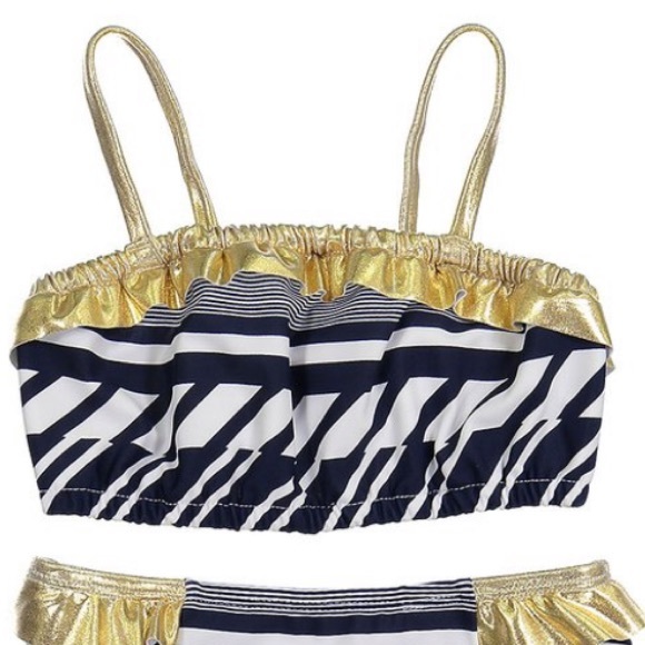 Girls Black & White Stripe Bikini w/ gold ruffle - Picture 2 of 5